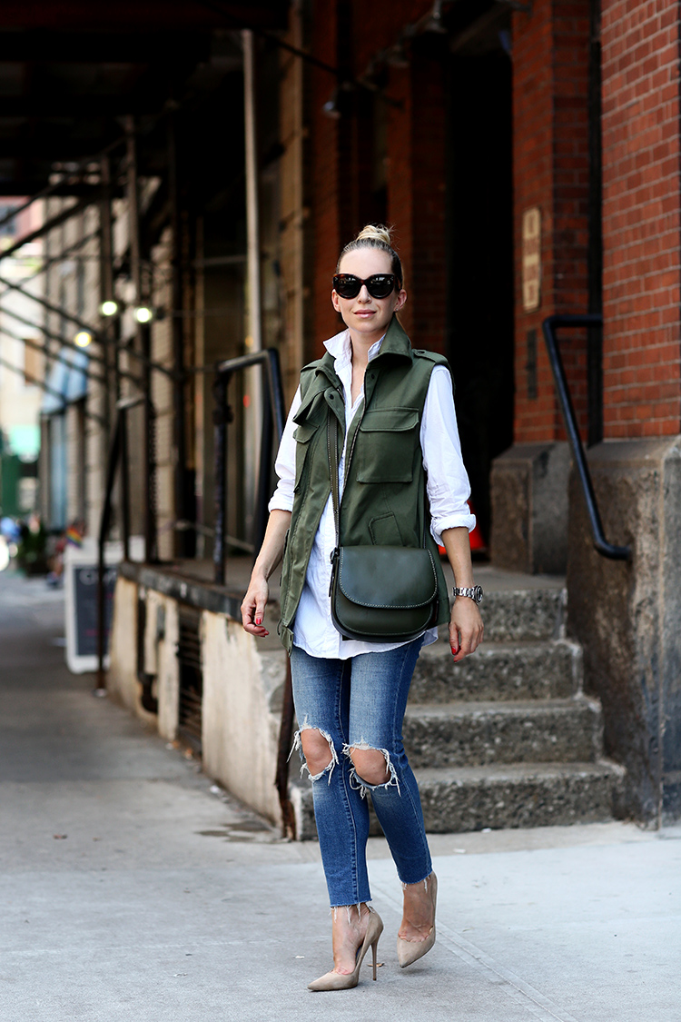 Marissa Webb Canvas Cargo Vest, Levi's 721 Skinny Jeans, Coach Bag. Jimmy Choo shoes