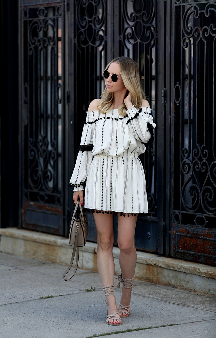 TULAROSA off the shoulder dress and gladiator sandals