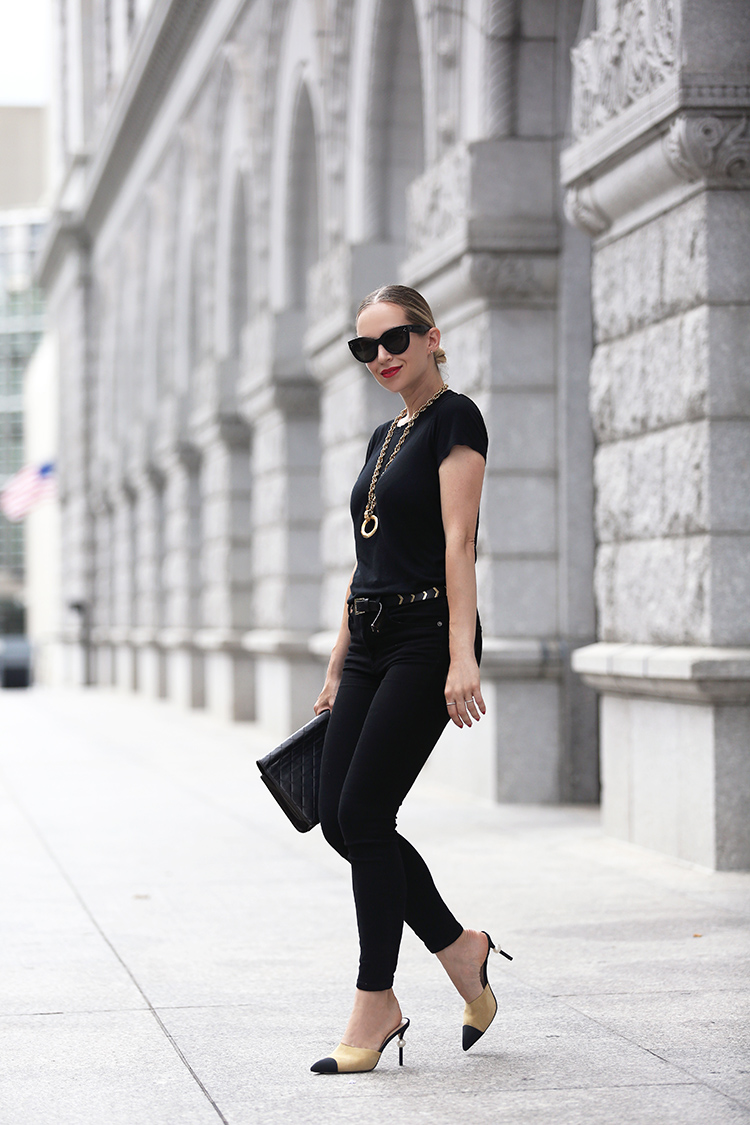 all black outfit with Chanel two tone mules - Helena of Brooklyn Blonde