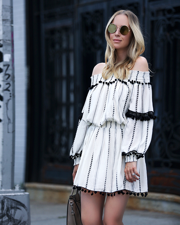 TULAROSA off the shoulder dress and sunday somewhere sunglasses