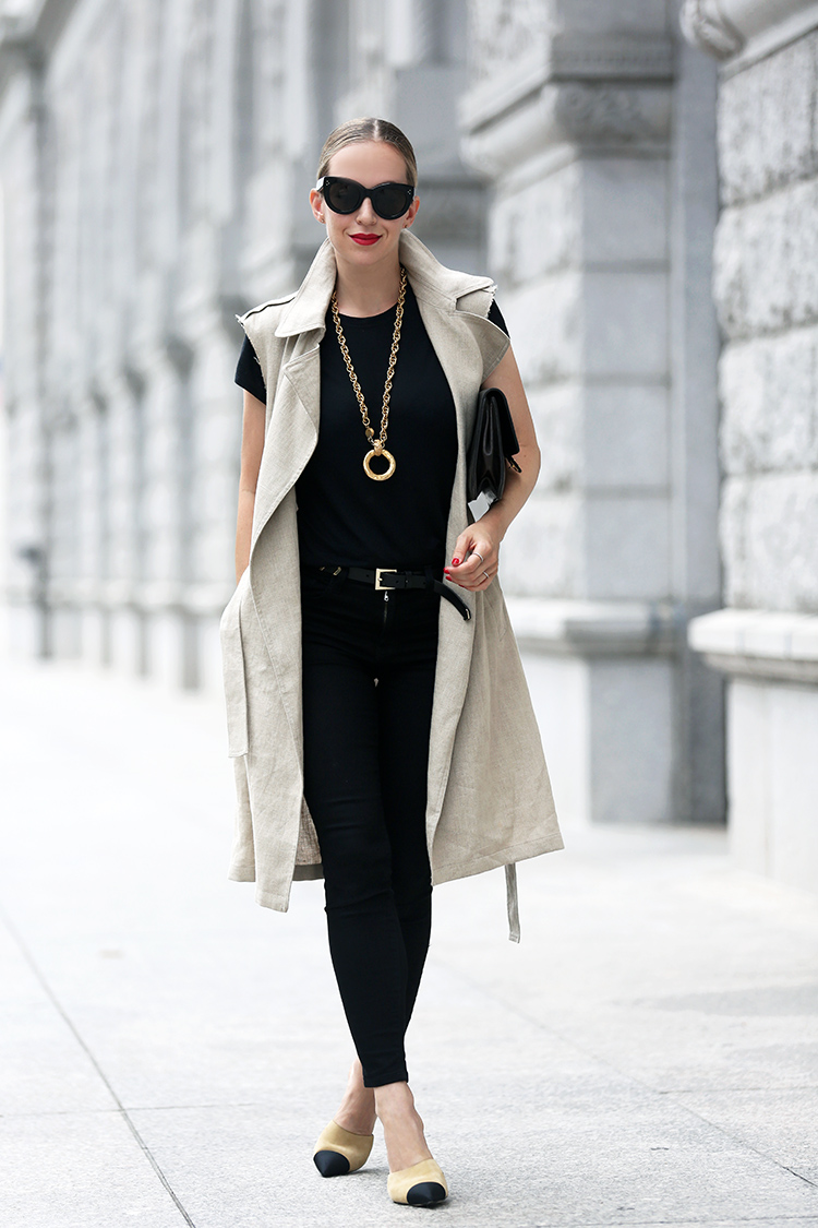 Sleeveless Theory trench and two tone Chanel mules - Helena of Brooklyn Blonde