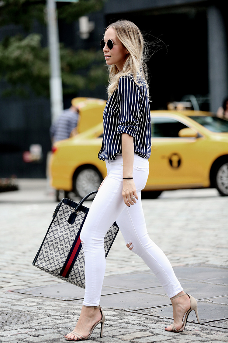 How to style white denim: J Crew X NETAPORTER, Vintage Gucci Tote and White Denim | Helena of Brooklyn Blonde