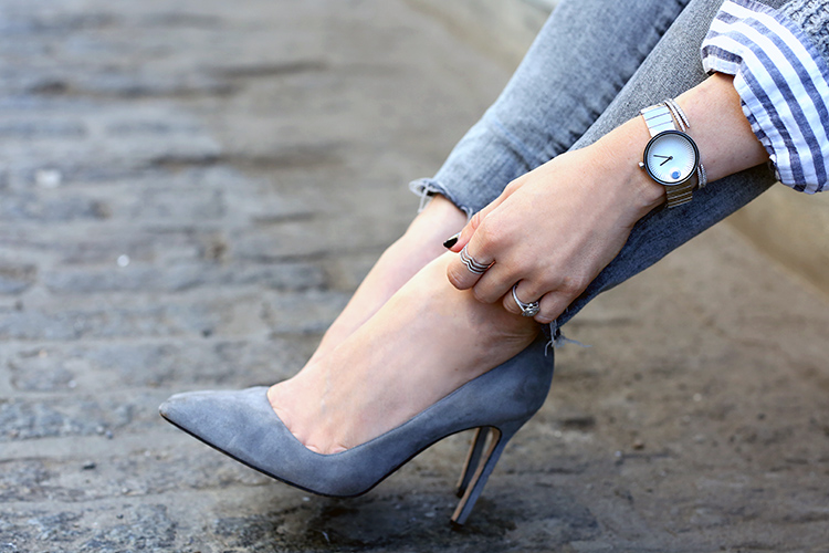 stainless steel silver watch | Movado Edge Collection | Manolo Blahnik BB in Grey Suede