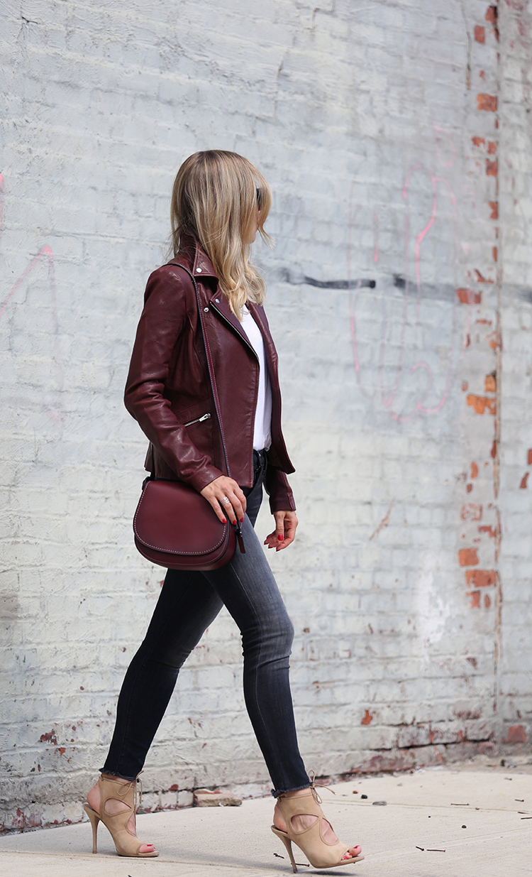 Veda Burgundy Leather Jacket and Aquazzura Heels