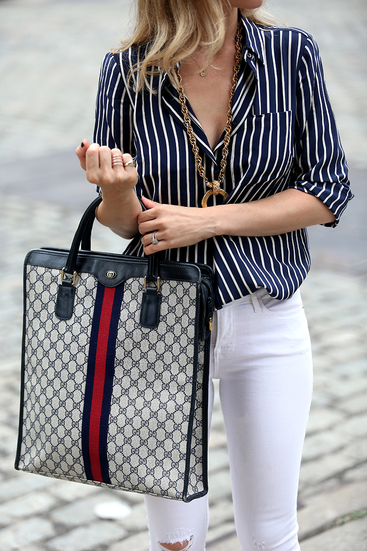 How to style white denim: Vintage Gucci Tote & Vintage Chanel Necklace