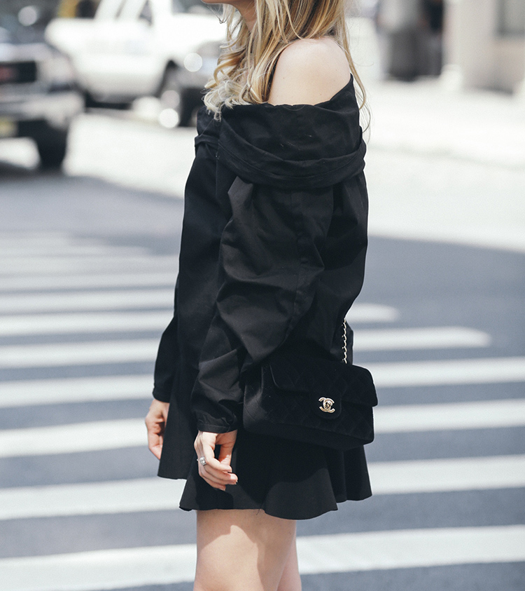 MLM Label Top and Chanel Classic Flap Bag in Black Velvet | Helena of Brooklyn Blonde