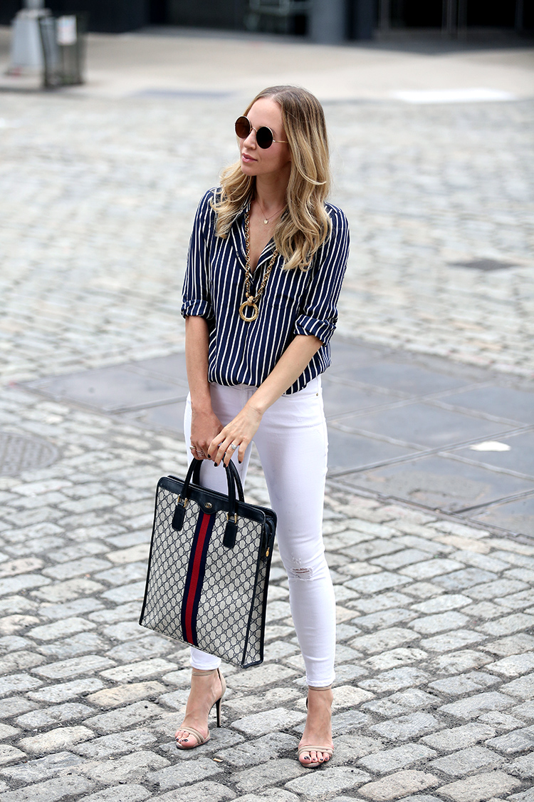 How to style white denim - J Crew x NETAPORTER, Frame White Denim & Vintage Gucci Tote