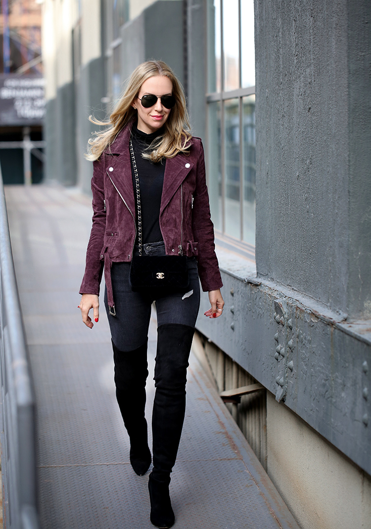 Burgundy Suede Moto Jacket, Over the Knee Boots and Velvet Chanel | Helena Glazer