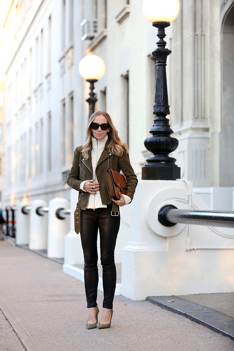 Fall Textures and Layers | Veronica Beard Dickey, Veda Suede Jacket and J Brand Leather Pants | Brooklyn Blonde