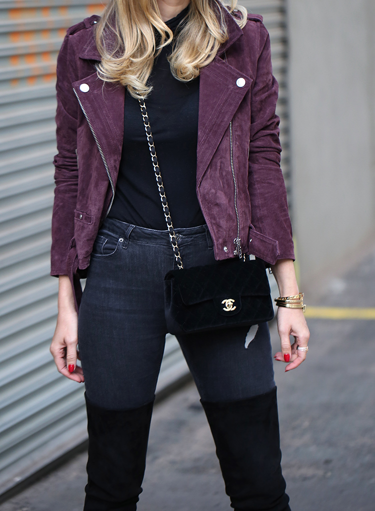 Burgundy Suede Moto Jacket and Velvet Chanel Bag | Helena of Brooklyn Blonde