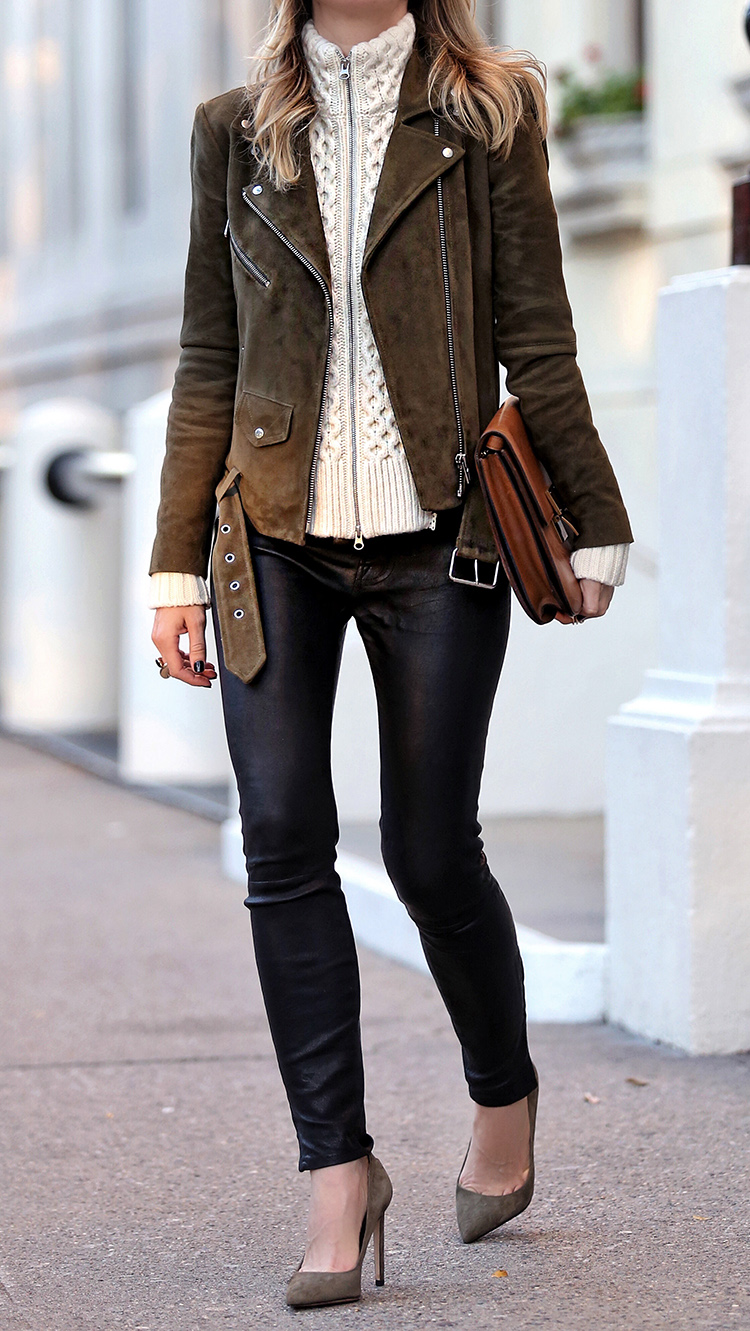 Veda Suede Jayne Jacket, Veronica Beard Wool Dickey, J Brand Leather Pants and Sam Edelman Pumps | Brooklyn Blonde