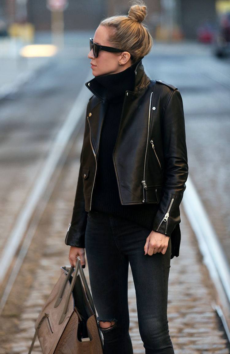 woman in Mackage Baya Black Leather Jacket and black pants for for what I'm buying for fall
