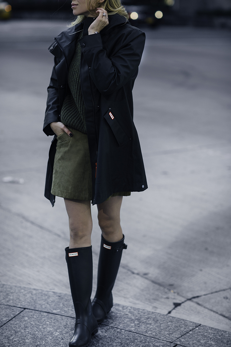 What To Wear in the Rain - Stylish Rain Gear - Helena of Brooklyn Blonde wearing Hunter Hunting Coat and Hunter Rain Boots