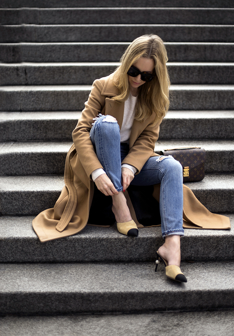 Camel Coat, Chanel Mules, Louis Vuitton Pochette Metis | Helena of Brooklyn Blonde