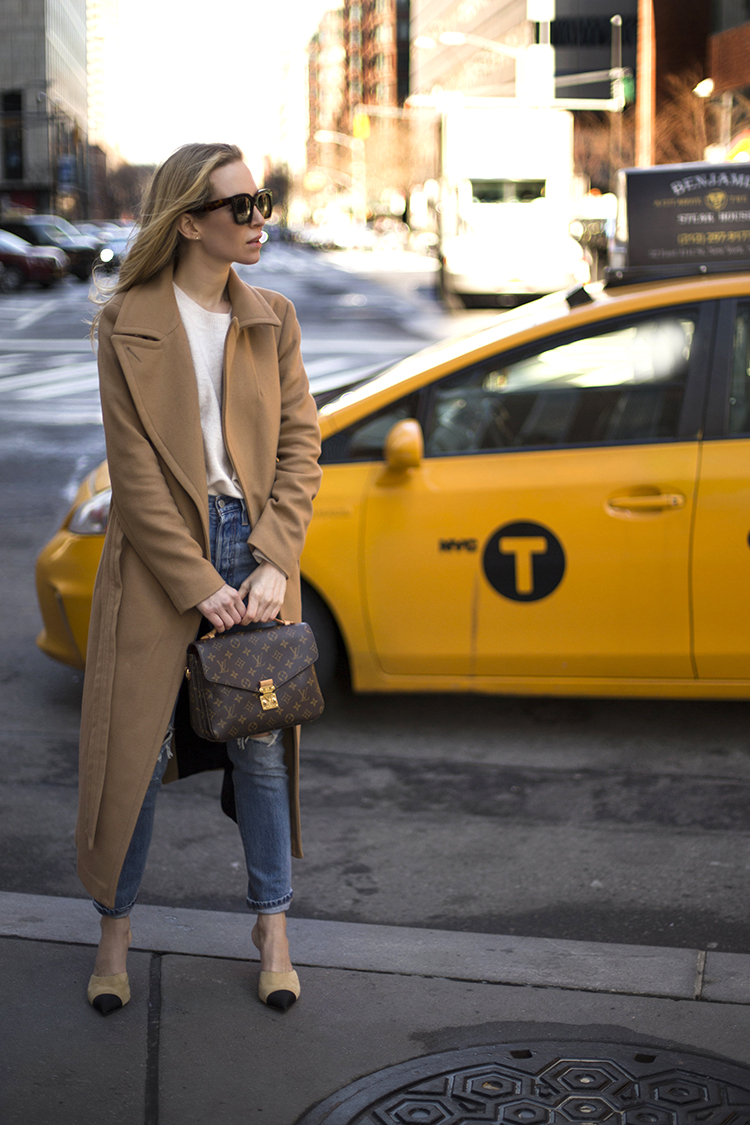 Camel Coat, Chanel Mules, Louis Vuitton Pochette Metis | Helena of Brooklyn Blonde