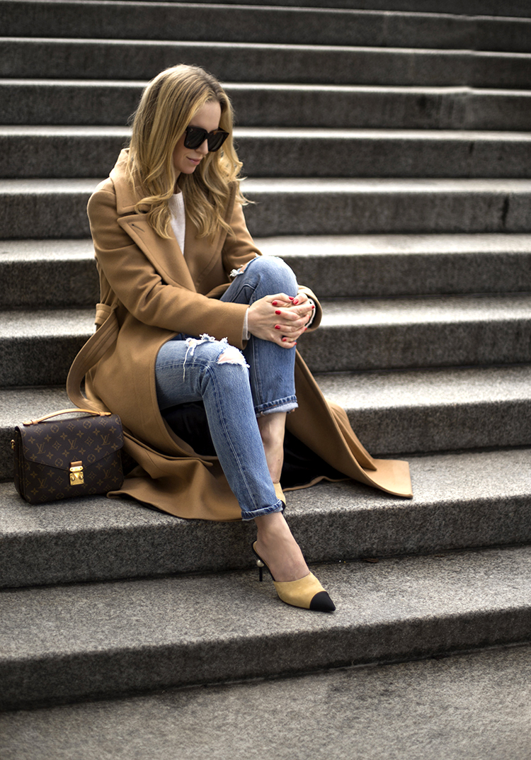 Camel Coat, Chanel Mules, Louis Vuitton Pochette Metis | Helena of Brooklyn Blonde