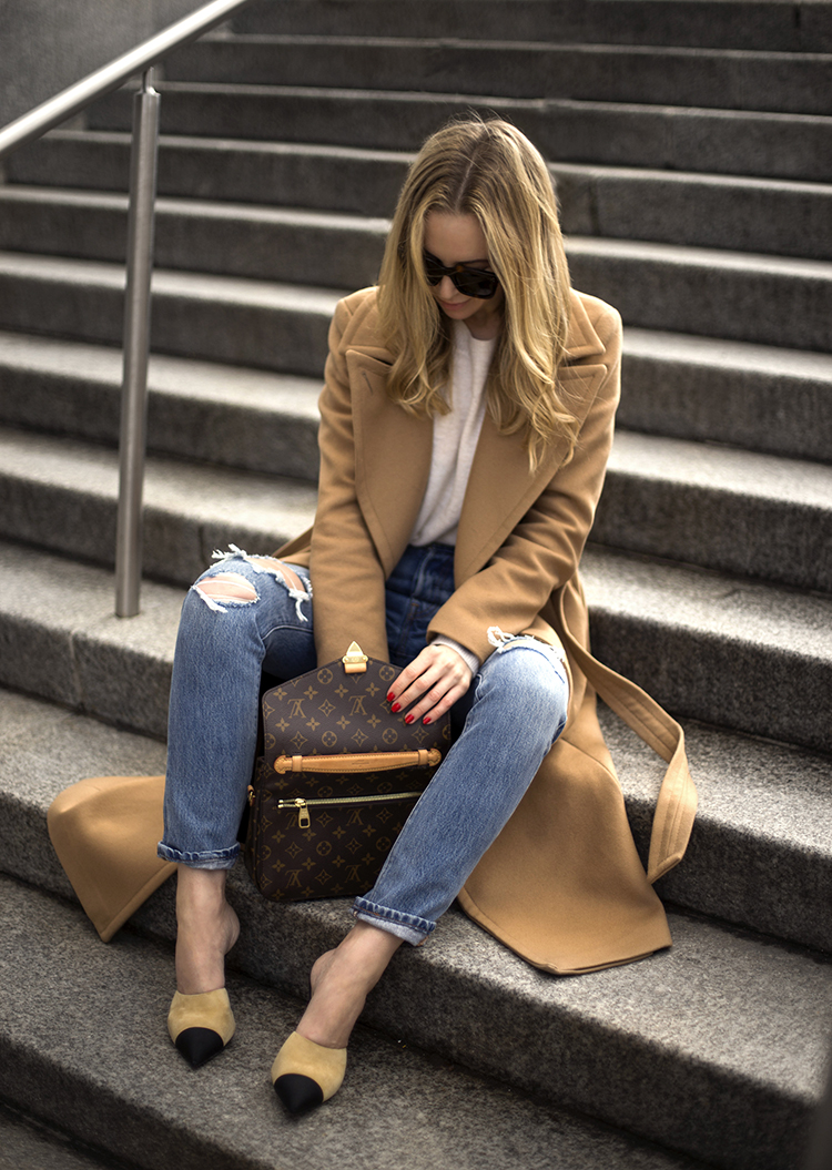Camel Coat, Chanel Mules, Louis Vuitton Pochette Metis | Helena of Brooklyn Blonde