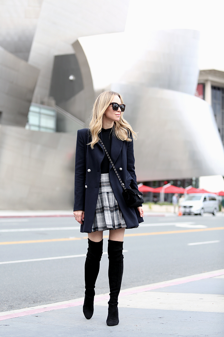 Helena Glazer of Brooklyn Blonde wearing Zara jacket, Only Hearts bodysuit, ASOS skirt, Stuart Weitzman over the knee boots, Celine sunglasses, Chanel bag