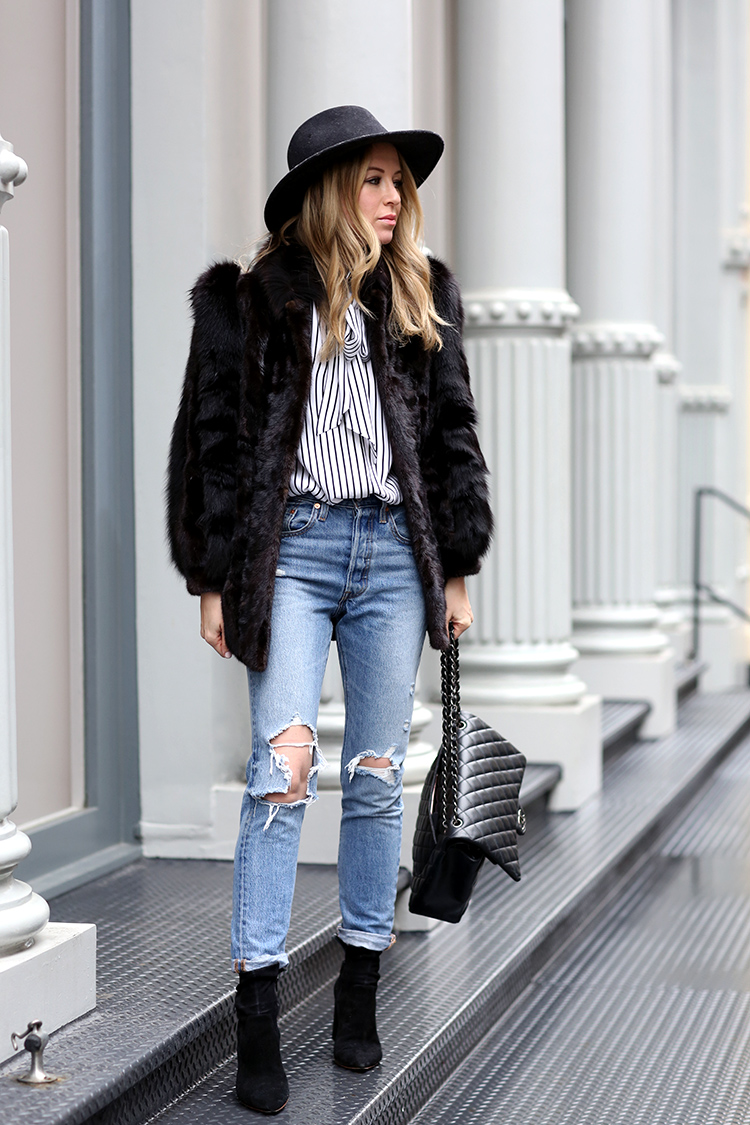 Winter Style | Faux Fur, Distressed Denim, Loeffler Randall Isla Boots and Chanel Maxi Caviar Bag