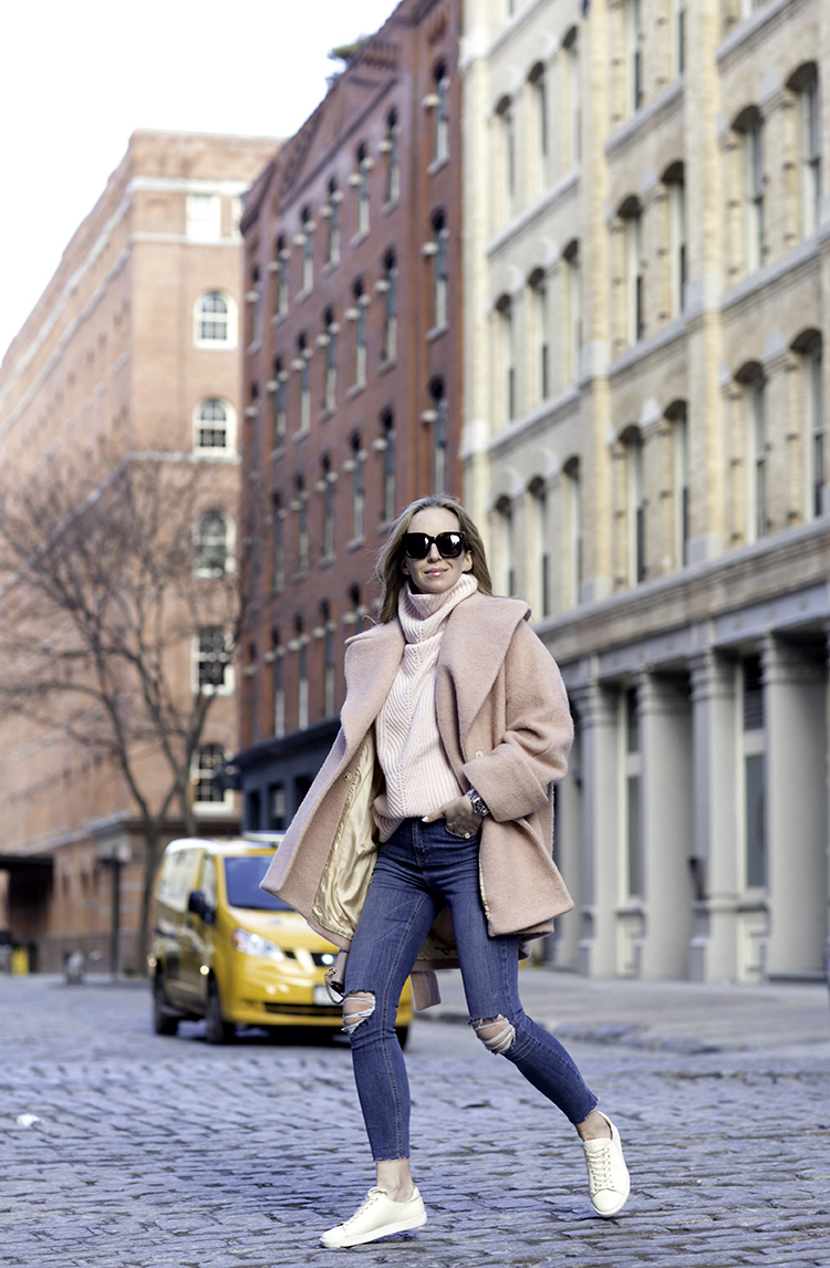 Stylish outfits for moms | Casual Style | Pink Carven Coat, Sezane Sneakers | Helena of Brooklyn Blonde