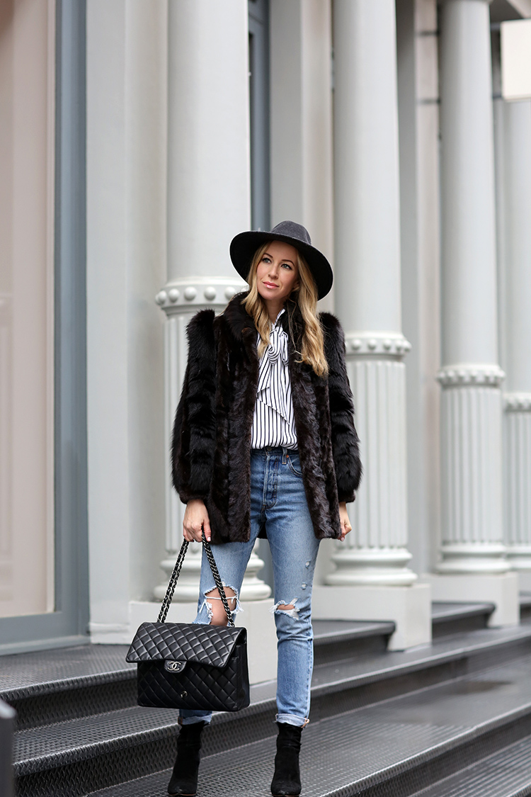 Black Faux Fur Coat, Chanel Bag, Helena of Brooklyn Blonde
