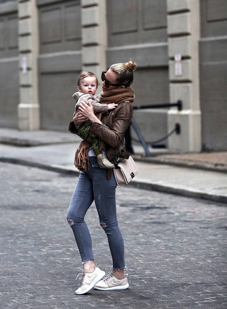 Motherhood Update - Mom Style - All Saints Leather Jacket, Camel Scarf, Topshop Denim, Celine Sunglasses