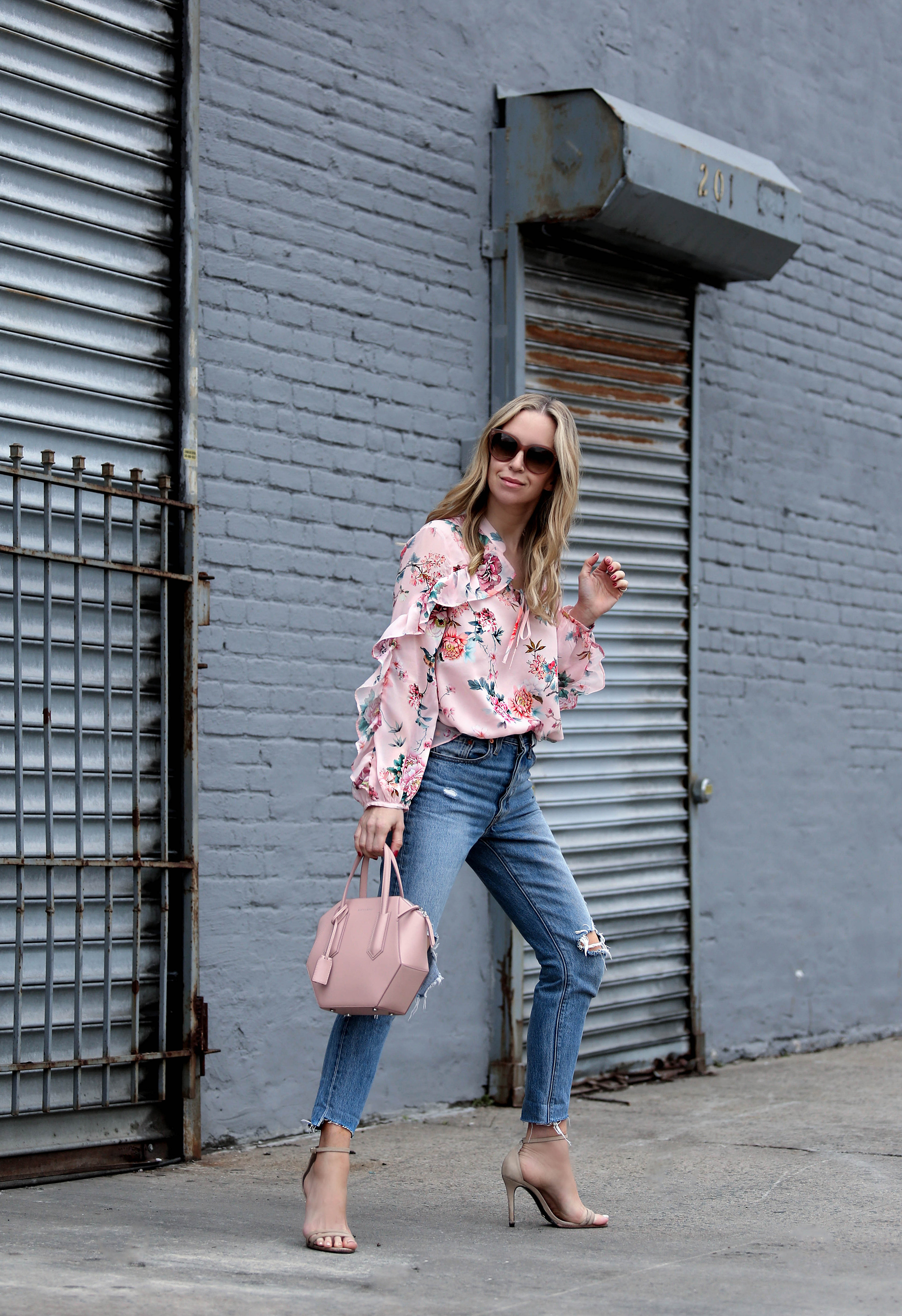 Spring Tops for Under $100 - Brooklyn Blonde - Helena Glazer wearing ASOS Floral Top, Schutz sandals, Celine sunglasses