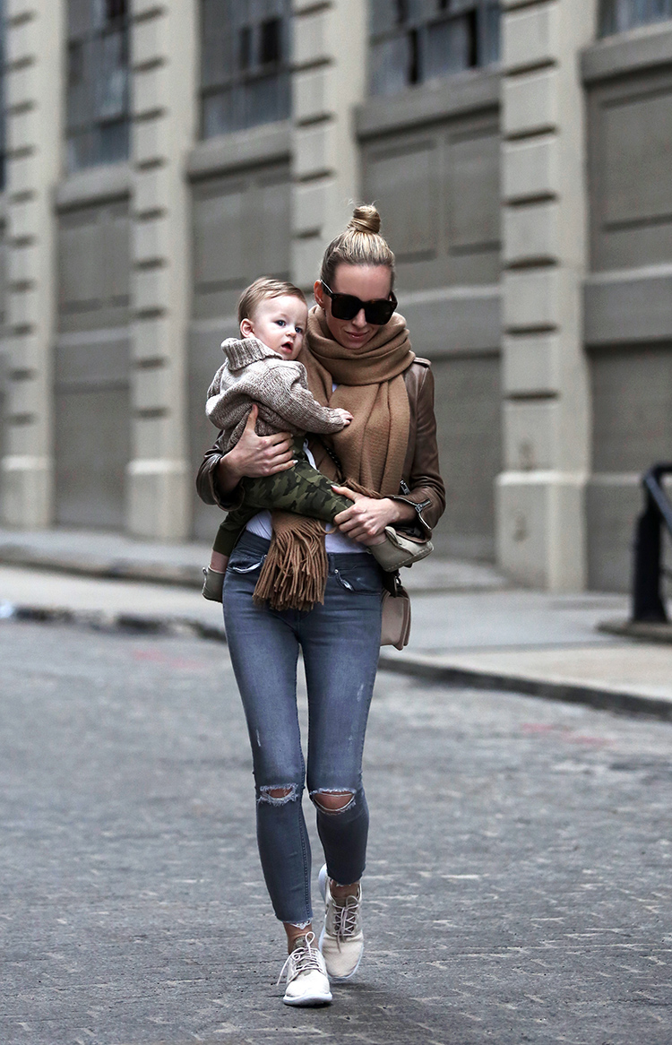 Motherhood Update - Mom Style - All Saints Leather Jacket, Camel Scarf, Topshop Denim, Celine Sunglasses