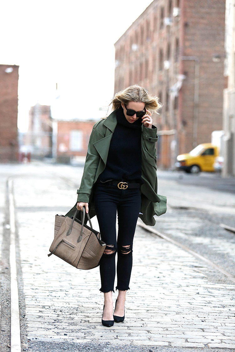 Marissa Webb Olive Trench Overcoat, Gucci Belt and Celine Phantom Bag