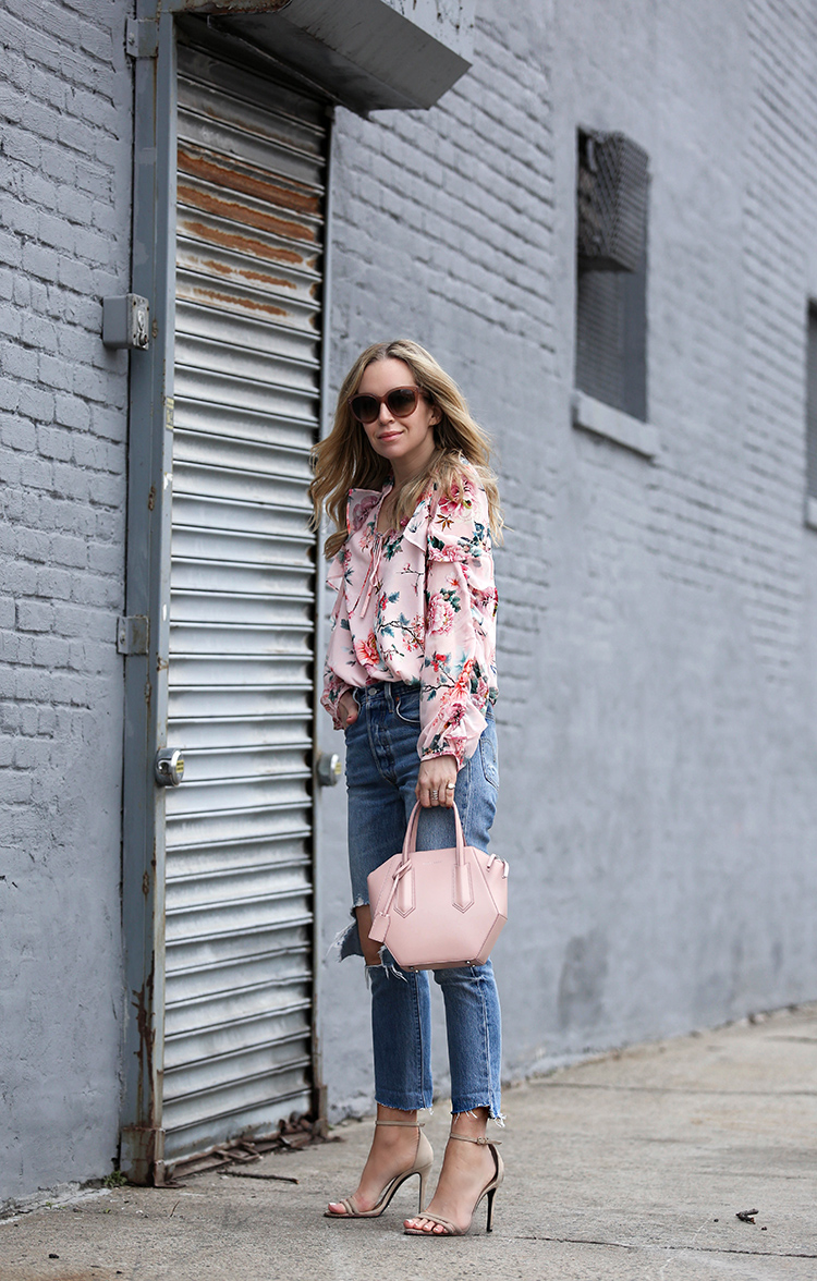 Spring Tops for Under $100 - Brooklyn Blonde - Helena Glazer wearing ASOS Floral Top, Schutz sandals, Celine sunglasses