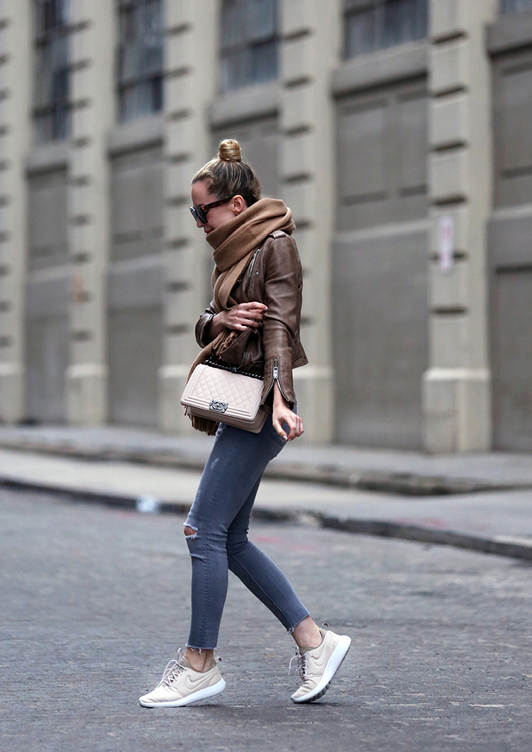 Motherhood Update - Mom Style - All Saints Leather Jacket, Camel Scarf, Topshop Denim, Celine Sunglasses