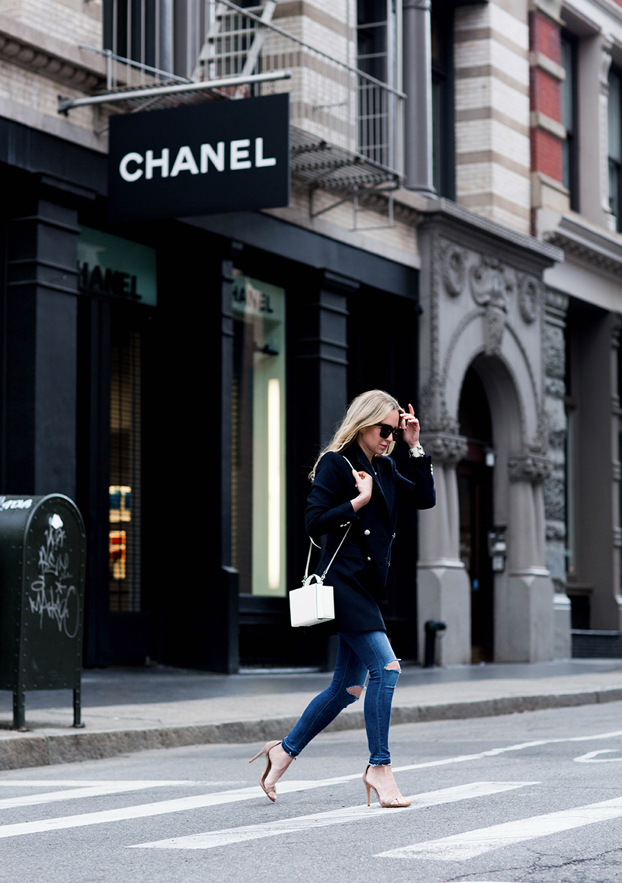 Helena Glazer of Brooklyn Blonde wearing Zara blazer, Rag & Bone denim and tee, Schutz shoes, Hermes cuff, Mark Cross bag