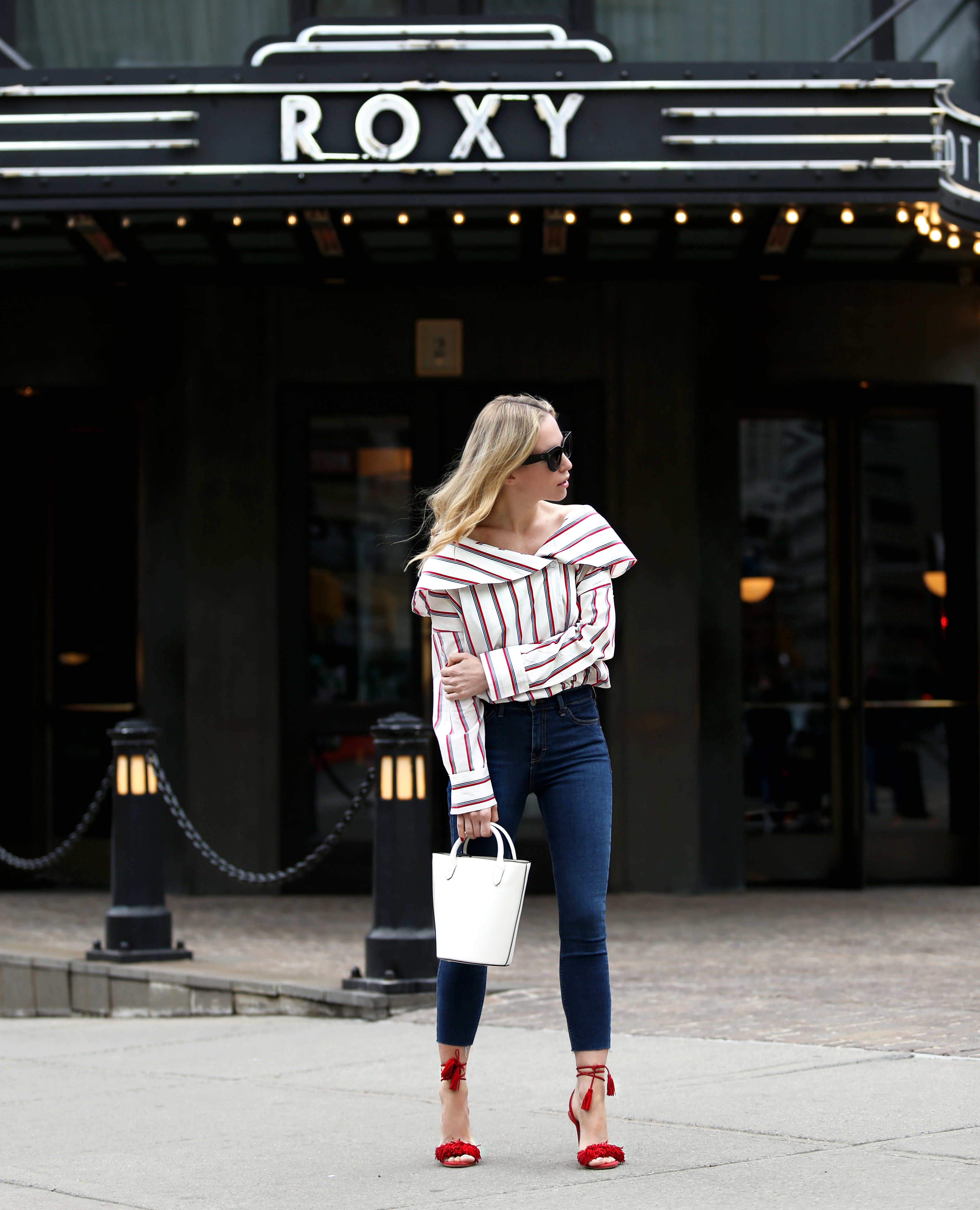 Roxy Hotel NYC Staycation - Helena Glazer of Brooklyn Blonde wearing Storets top with Topshop denim, red Aquazzura Wild Things heels, Celine sunglasses
