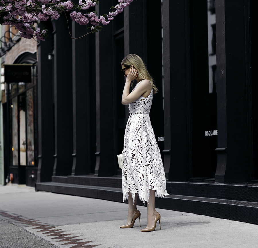 Helena from Brooklyn Blonde spring dresses, white floral lace dress, Tracy Reese lace dress, white monochrome outfit