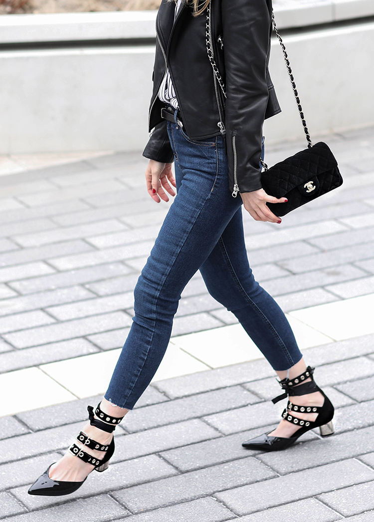 Helena of Brooklyn Blonde wearing Robert Clergie Self Portrait Ankle Strap Pumps with leather jacket and Chanel bag