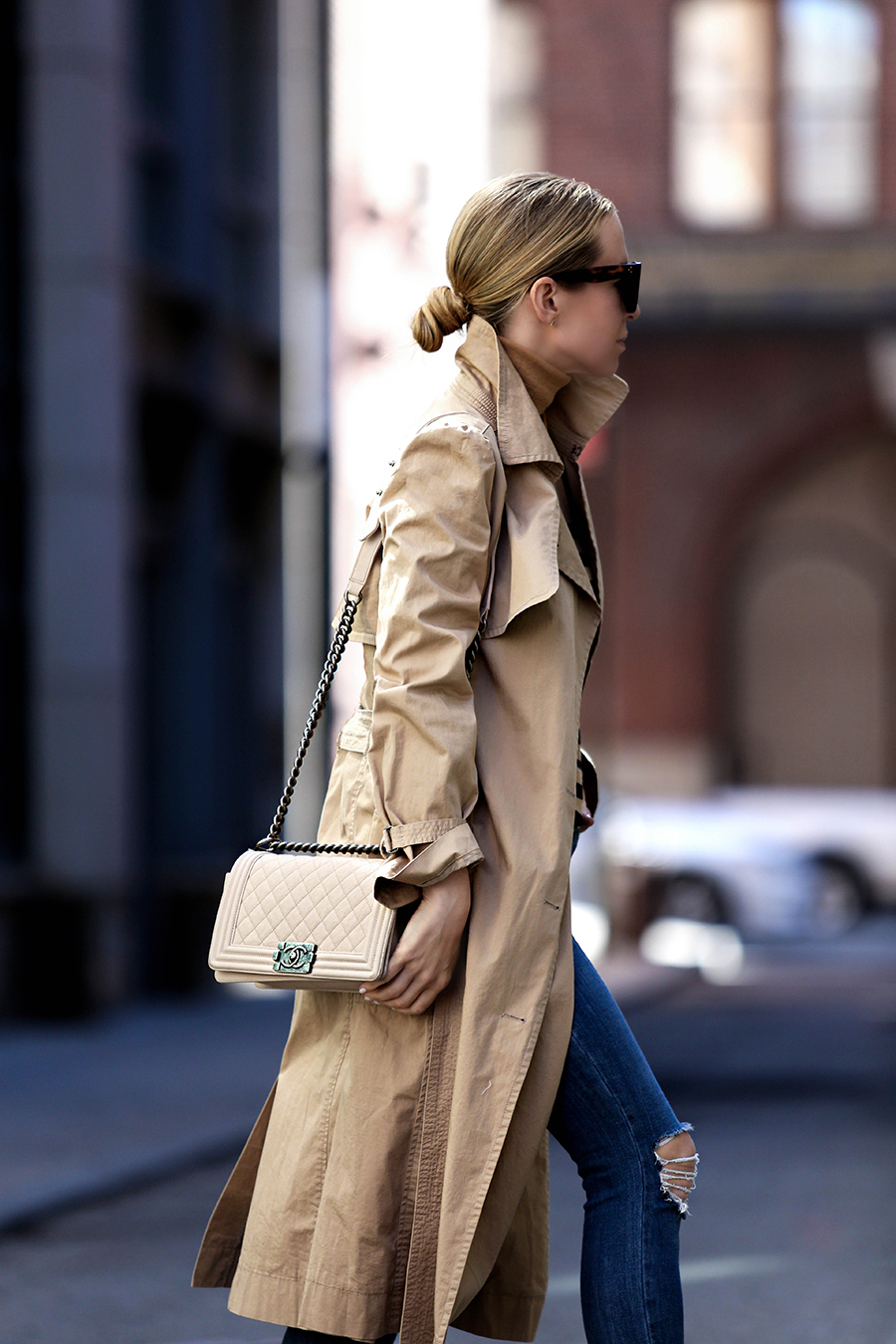 Helena Glazer of Brooklyn Blonde wearing a trench coat by La Vie Rebecca Taylor