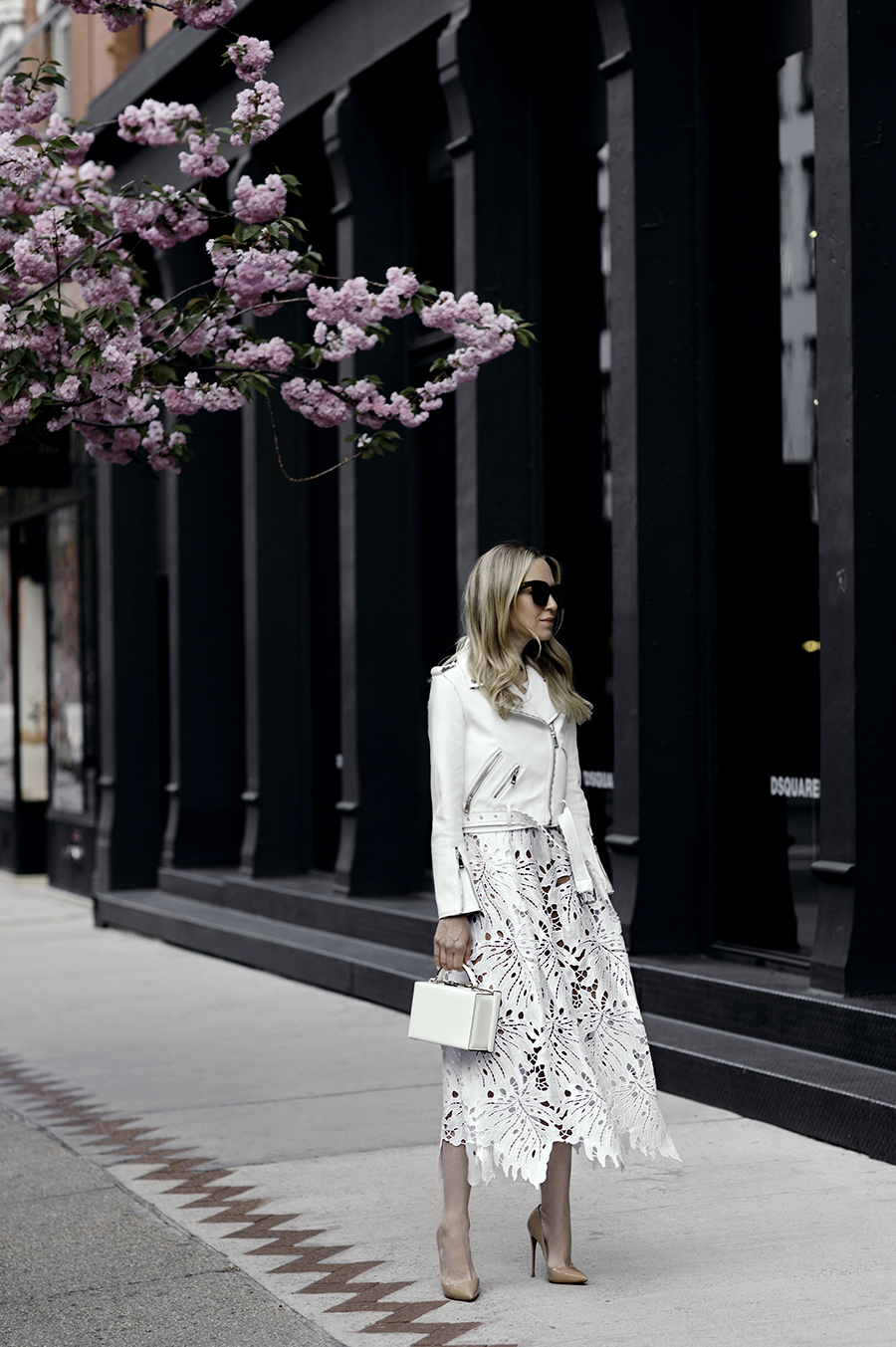 Helena from Brooklyn Blonde spring dresses, white floral lace dress, Tracy Reese lace dress, white monochrome outfit