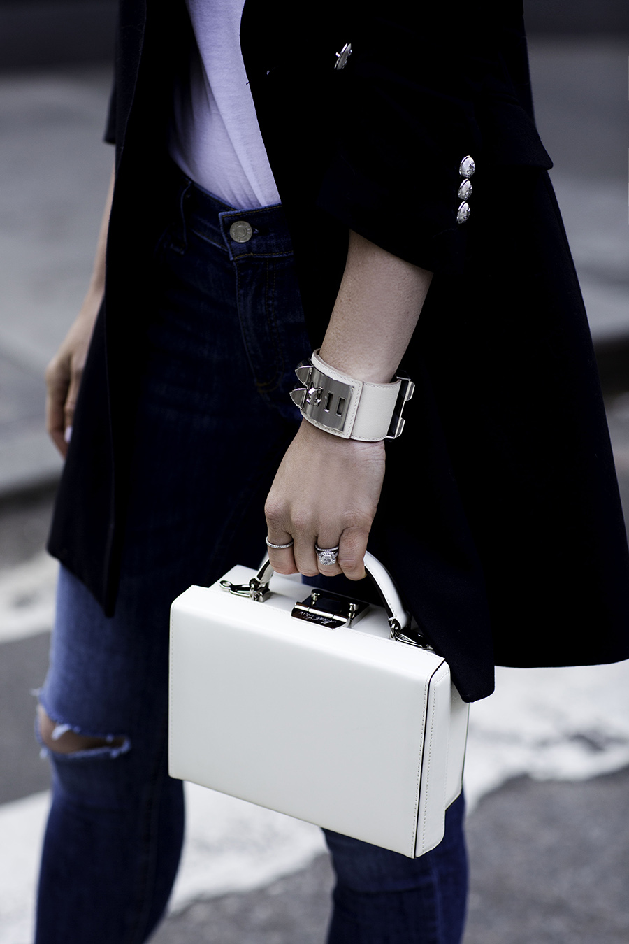 Helena Glazer of Brooklyn Blonde wearing Zara blazer, Rag & Bone denim and tee, Schutz shoes, Hermes cuff, Mark Cross bag