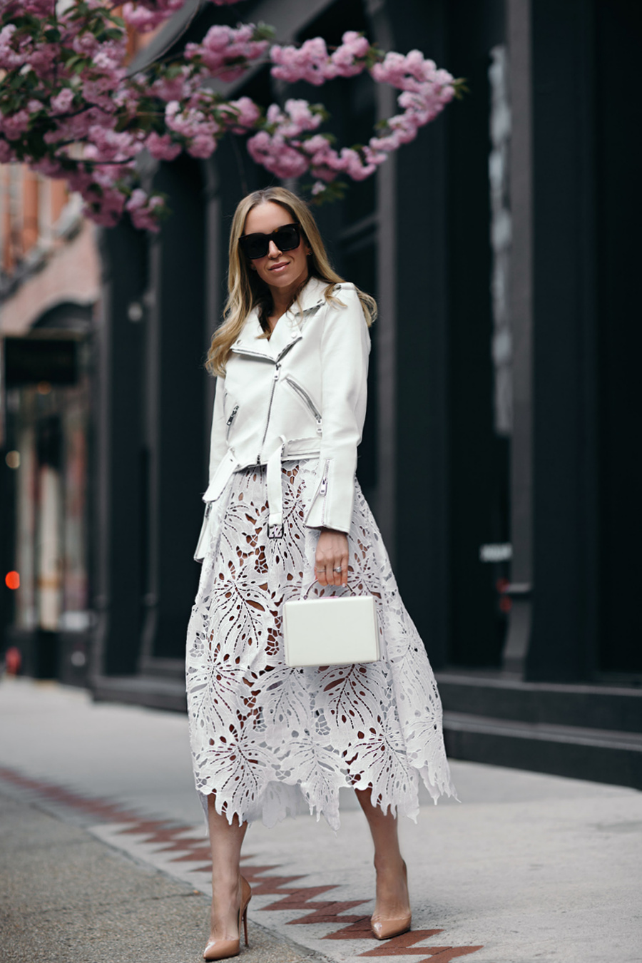 Helena Glazer of Brooklyn Blonde wearing Tracy Reese dress, Zara jacket, Louboutin heels, Mark Cross handbag