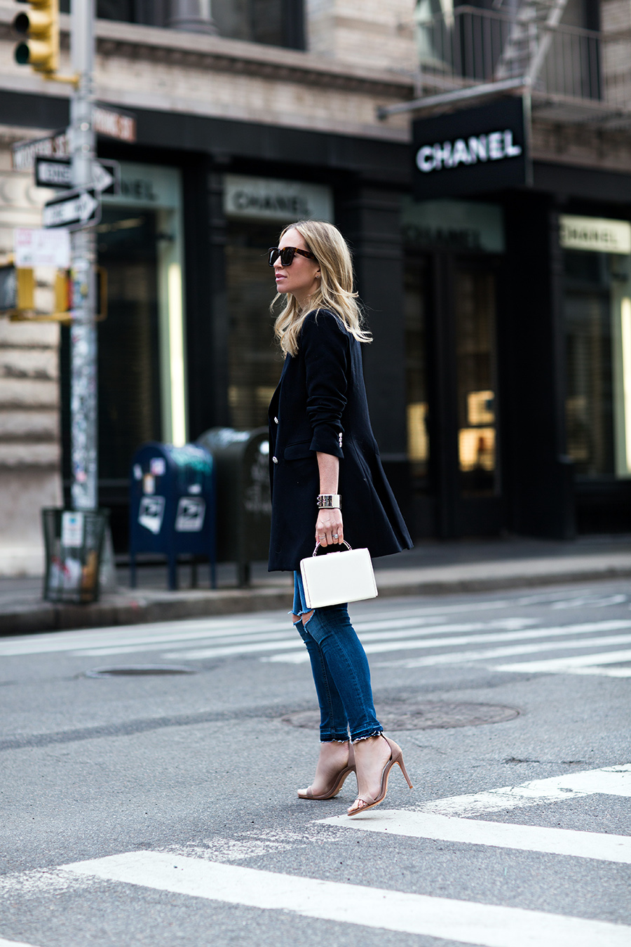 Helena Glazer of Brooklyn Blonde wearing Zara blazer, Rag & Bone denim and tee, Schutz shoes, Hermes cuff, Mark Cross bag