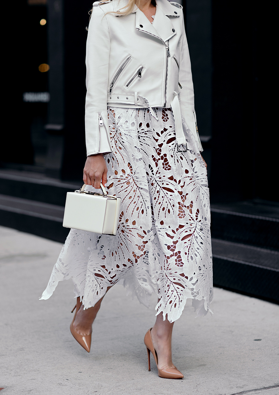 Helena from Brooklyn Blonde spring dresses, white floral lace dress, Tracy Reese lace dress, white monochrome outfit