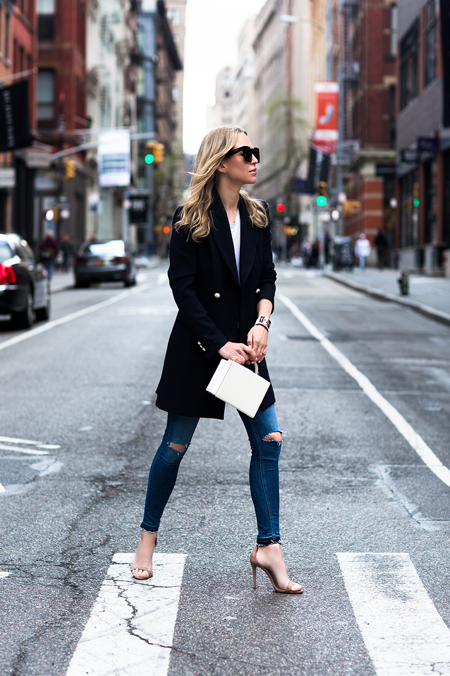 Helena Glazer of Brooklyn Blonde wearing Zara blazer, Rag & Bone denim and tee, Schutz shoes, Hermes cuff, Mark Cross bag