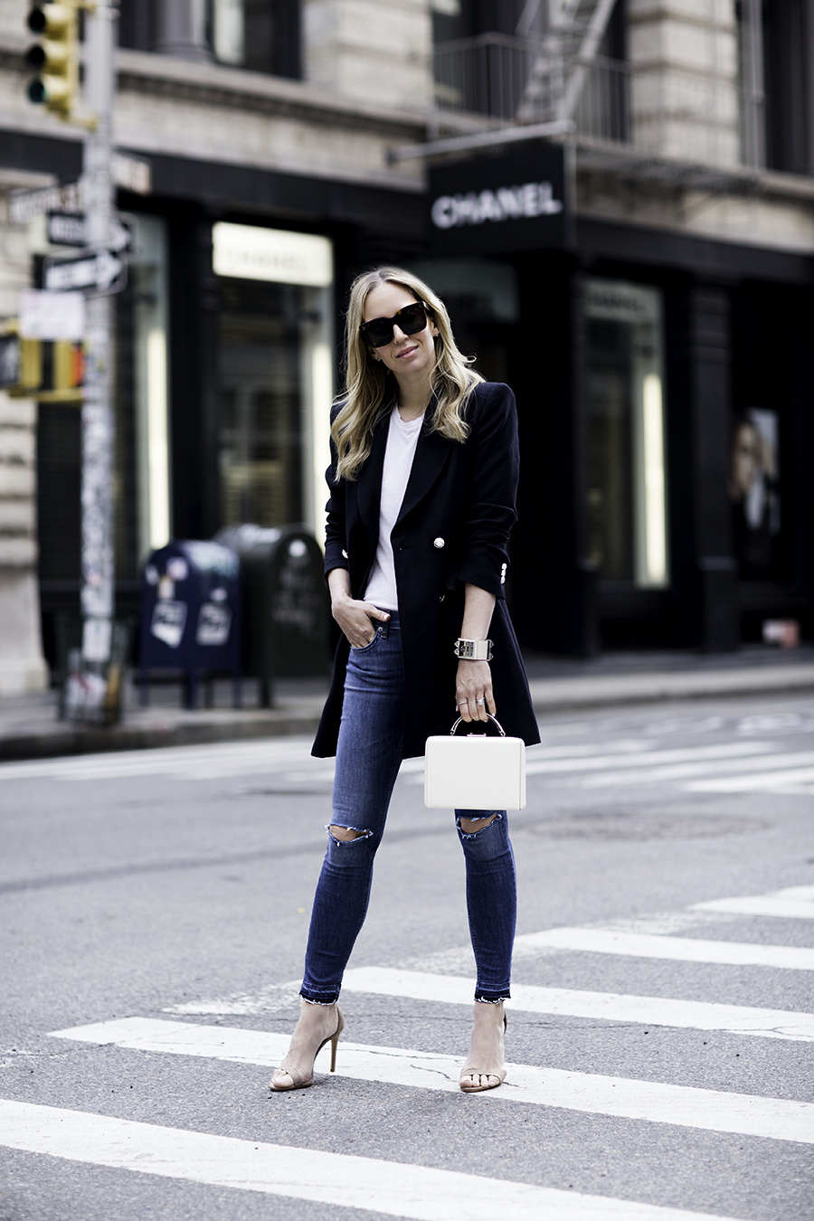 Helena Glazer of Brooklyn Blonde wearing Zara blazer, Rag & Bone denim and tee, Schutz shoes, Hermes cuff, Mark Cross bag