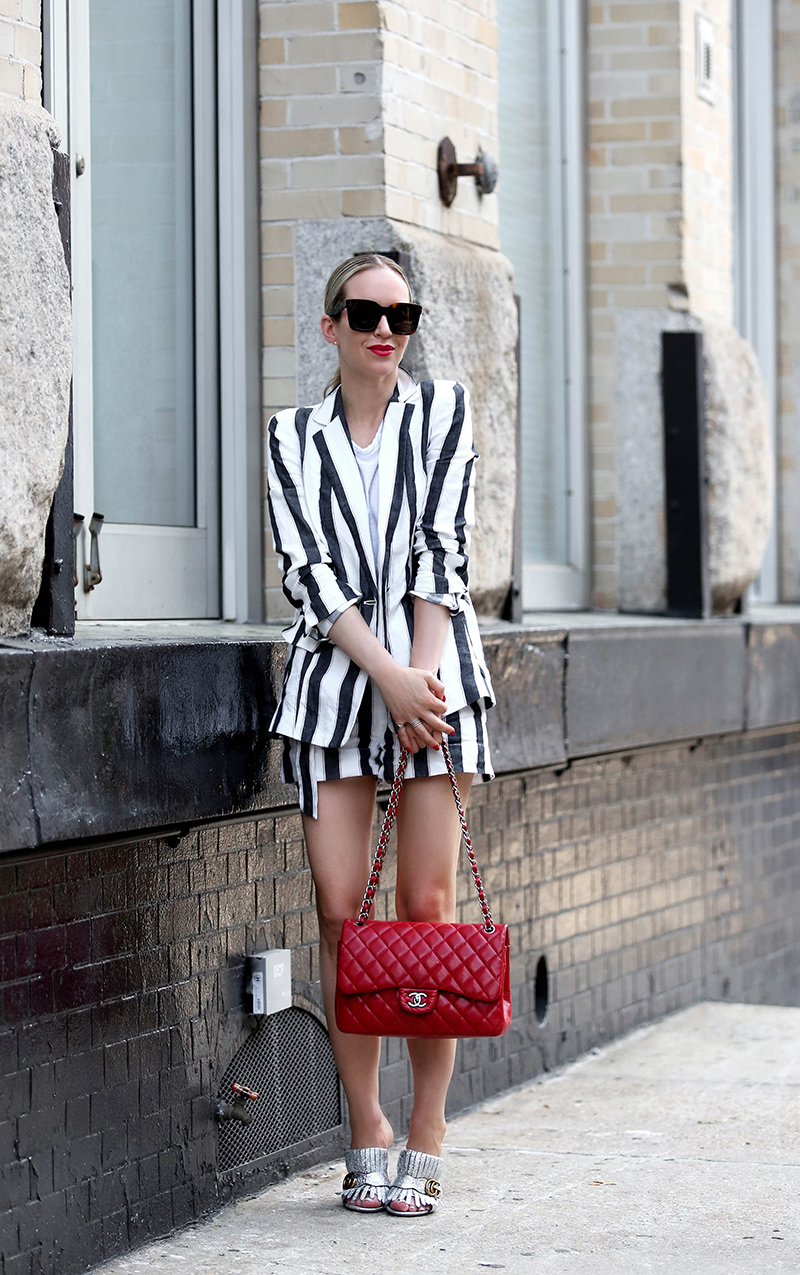 Linen Short Suit by Frame, Silver Gucci Mules, Red Chanel bag - Helena Glazer of Brooklyn Blonde