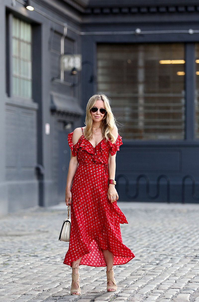 Breezy Dresses for Summer - Helena Glazer of Brooklyn Blonde wearing Band of Gypsies dress, Aquazzura shoes, medium Chloe Nile bag, Ray Ban sunglasses, Hermes cuff