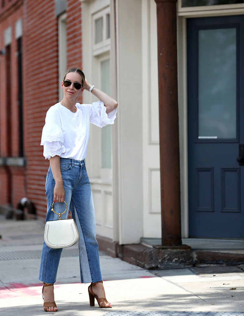 Helena of Brooklyn Blonde wearing Topshop eyelet top, 7FAM denim, Club Monaco shoes, medium Chloe Nile bag