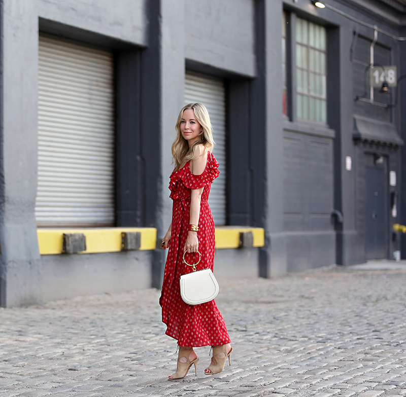 Breezy Dresses for Summer - Helena Glazer of Brooklyn Blonde wearing Band of Gypsies dress, Aquazzura shoes, medium Chloe Nile bag, Ray Ban sunglasses, Hermes cuff