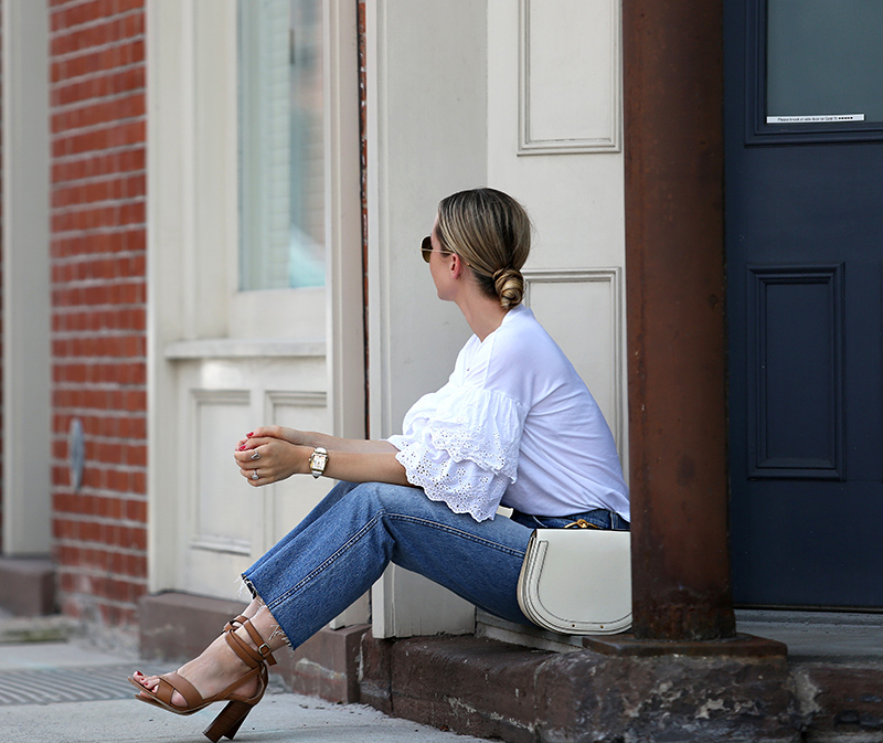 Helena of Brooklyn Blonde wearing Topshop eyelet top, 7FAM denim, Club Monaco shoes, medium Chloe Nile bag