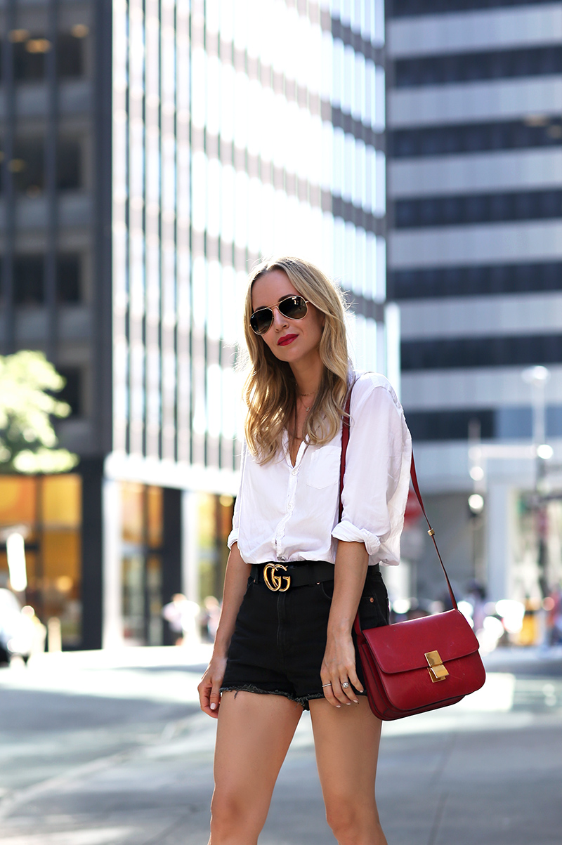 Frank & Eileen Button Down, 7FAM cutoffs, Aquazzura Shoes, MAC Red lipstick, Gucci Belt, Celine Bag, Gabriel & Co Necklaces