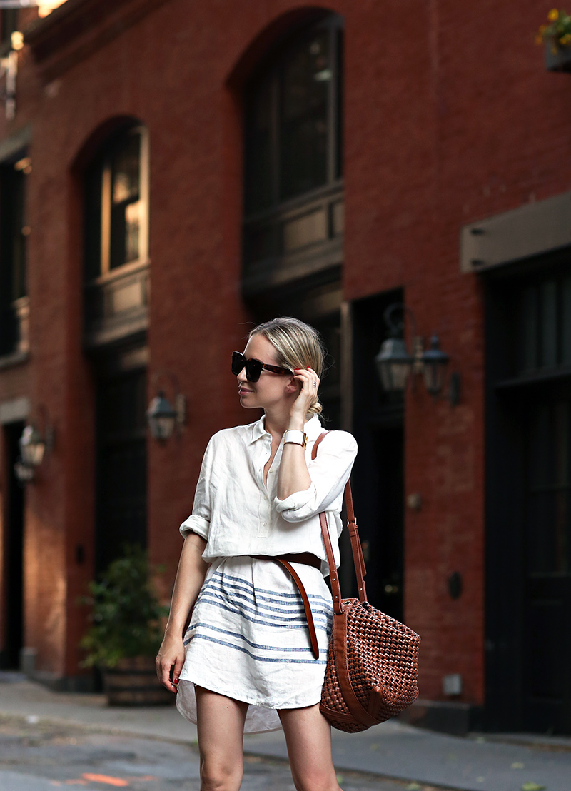 Helena of Brooklyn Blonde wearing The White Company shirt dress and sandals, Isabel Marant belt, Zara bag